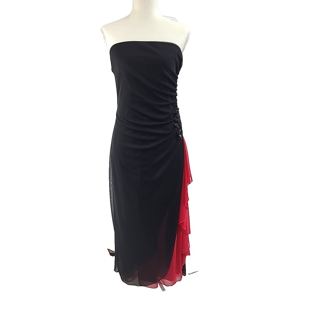 Vtg Black Strapless Asymmetrical Ruffled Cocktail Dress Red Accent Beaded Detail